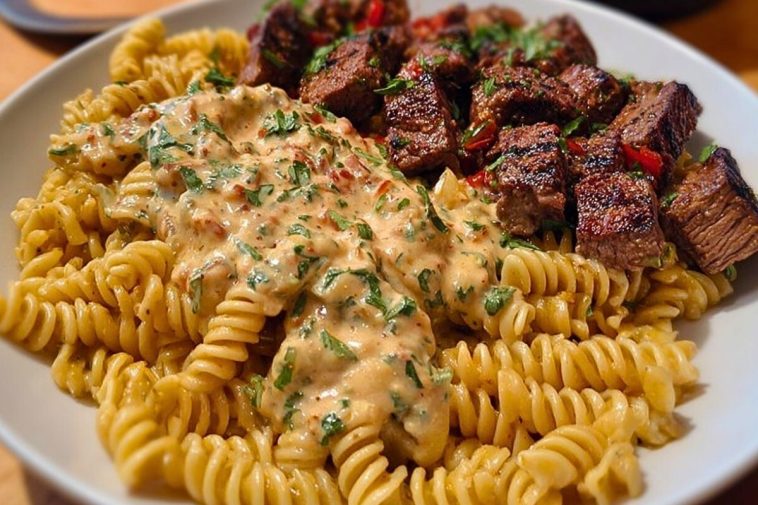 Steak Bites in Garlic Parmesan Sauce over Rotini