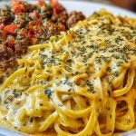 Cajun Beef Linguine in Creamy Velveeta Parmesan Garlic Sauce