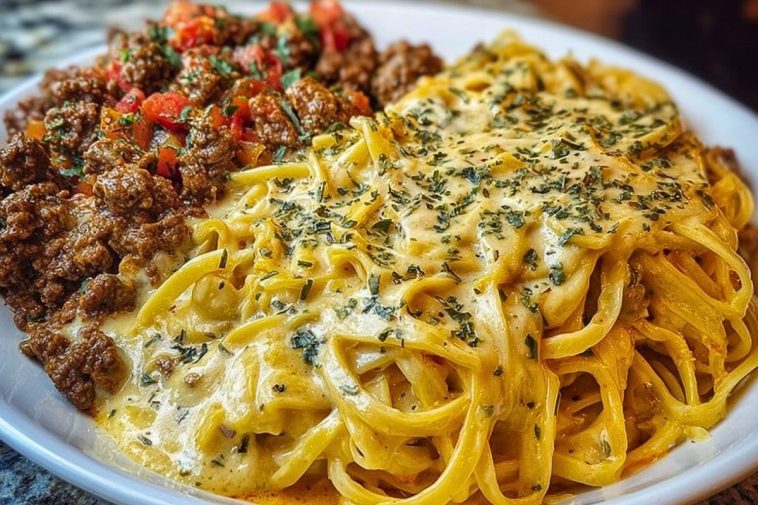 Cajun Beef Linguine in Creamy Velveeta Parmesan Garlic Sauce