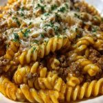 Cheesy Rotini Pasta with Garlic Butter Sauce and Ground Beef