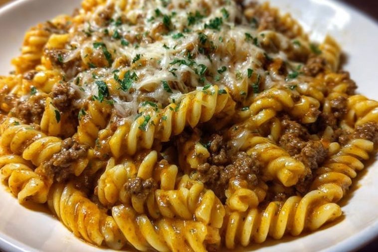 Cheesy Rotini Pasta with Garlic Butter Sauce and Ground Beef