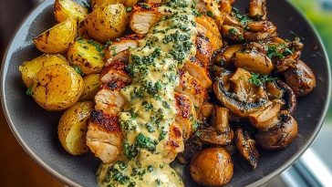 Chestnut Garlic Greek Chicken Alfredo with Sage Potatoes & Mushroom Basil Pesto Cream