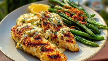 Coconut-Lemon Chicken Alfredo with Chili Feta Cream & Crispy Parmesan Green Beans