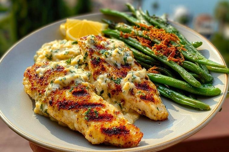 Coconut-Lemon Chicken Alfredo with Chili Feta Cream & Crispy Parmesan Green Beans