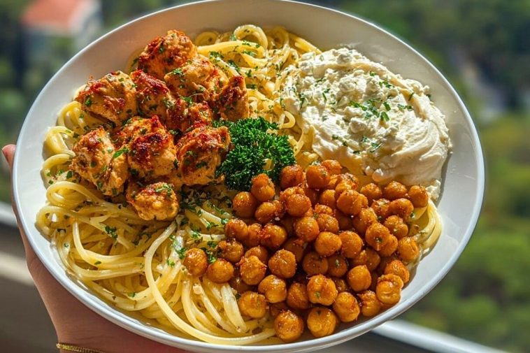 Creamy Cajun Chicken Pasta with Whipped Roasted Garlic Feta & Crispy Chickpeas