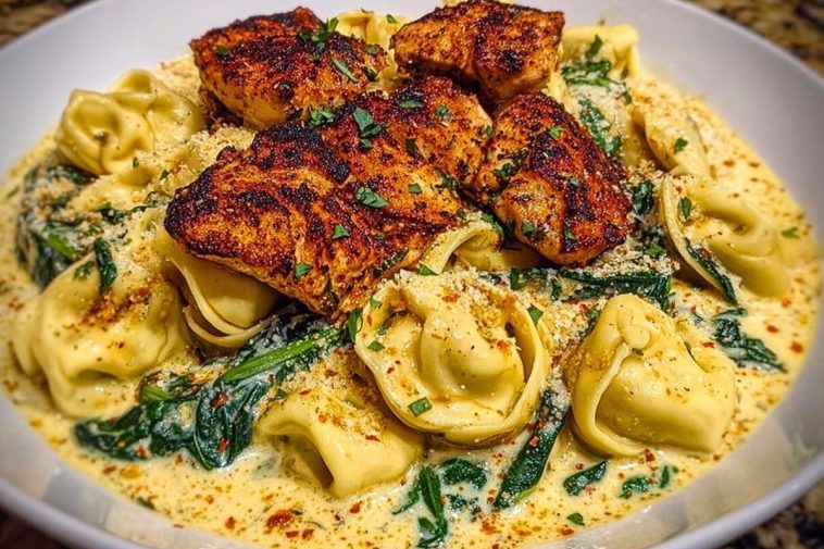 Creamy Chicken Tortellini with Spinach and Garlic Parmesan Cheese