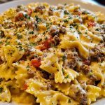 Creamy Ground Beef Bowtie Pasta with Mozzarella and Parmesan