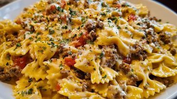 Creamy Ground Beef Bowtie Pasta with Mozzarella and Parmesan