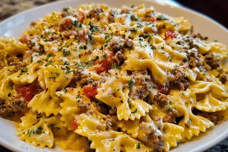 Creamy Ground Beef Bowtie Pasta with Mozzarella and Parmesan