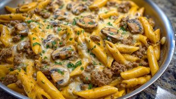 Creamy Velveeta Beef Stroganoff and Penne Pasta