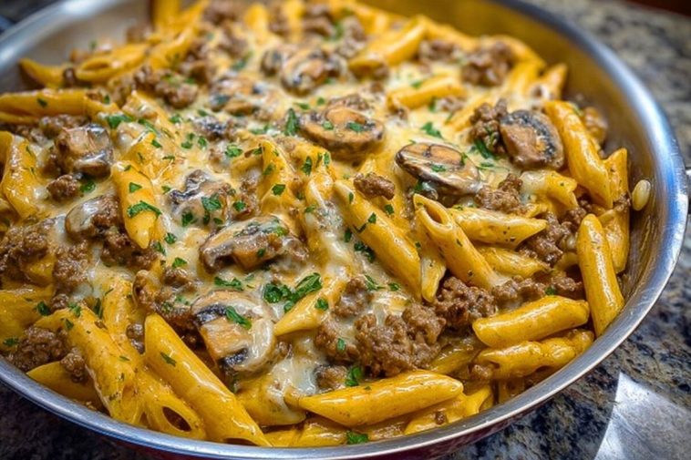 Creamy Velveeta Beef Stroganoff and Penne Pasta