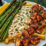 Delicious Greek Chili Chicken Alfredo with Smoked Feta Cream & Crispy Parmesan Asparagus