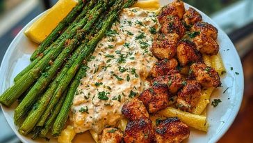Delicious Greek Chili Chicken Alfredo with Smoked Feta Cream & Crispy Parmesan Asparagus