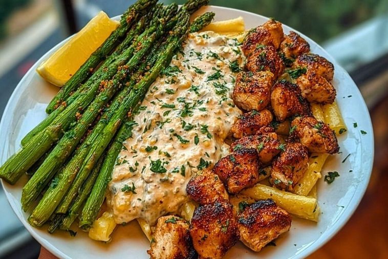 Delicious Greek Chili Chicken Alfredo with Smoked Feta Cream & Crispy Parmesan Asparagus