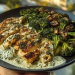 Delicious Spinach-Artichoke Greek Chicken Alfredo Recipe with Crispy Parmesan Broccoli and Mushroom Basil Cream