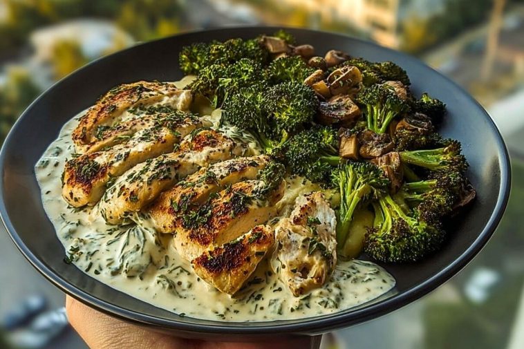 Delicious Spinach-Artichoke Greek Chicken Alfredo Recipe with Crispy Parmesan Broccoli and Mushroom Basil Cream