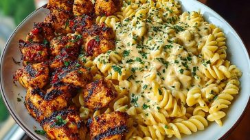 Delicious Tuscan Garlic Chicken Bites with Sun-Dried Tomato Cajun Alfredo Pasta Recipe
