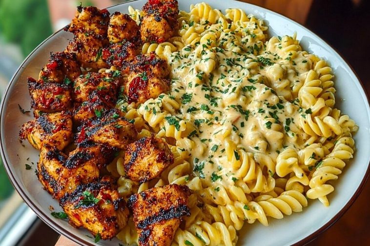 Delicious Tuscan Garlic Chicken Bites with Sun-Dried Tomato Cajun Alfredo Pasta Recipe
