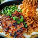 Fiery Chicken Ramen with Creamy Garlic Sauce