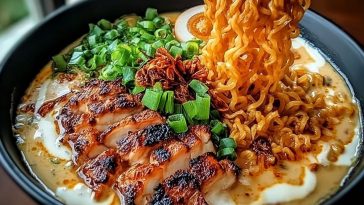 Fiery Chicken Ramen with Creamy Garlic Sauce