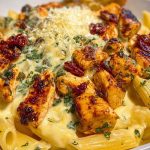 Garlic Butter Chicken Penne with Creamy Three-Cheese Sauce
