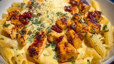 Garlic Butter Chicken Penne with Creamy Three-Cheese Sauce