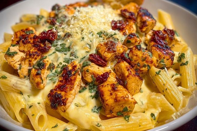 Garlic Butter Chicken Penne with Creamy Three-Cheese Sauce