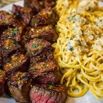 Garlic Butter Steak with Cheesy Linguine in Four-Cheese Sauce