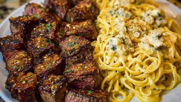 Garlic Butter Steak with Cheesy Linguine in Four-Cheese Sauce