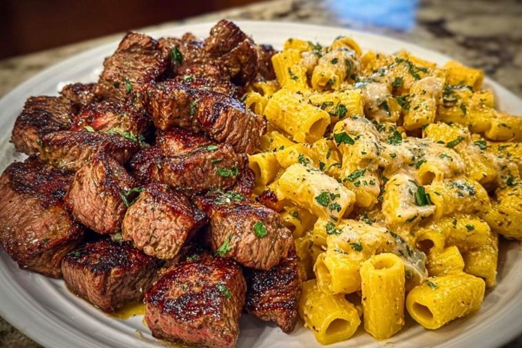 Garlic Butter Steak with Creamy Parmesan Rigatoni