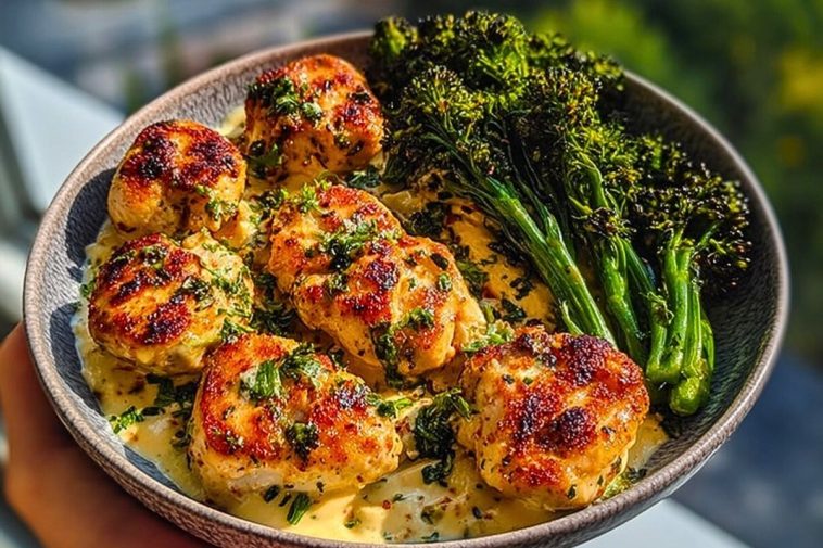 Garlic-Parmesan Chicken Bites with Sun-Dried Tomato Cajun Alfredo & Charred Broccolini