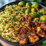 Maple Garlic Chicken Bites with Spicy Cajun Alfredo & Crispy Brussels Twists