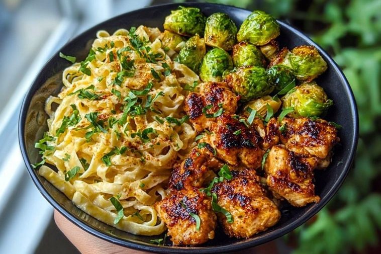 Maple Garlic Chicken Bites with Spicy Cajun Alfredo & Crispy Brussels Twists