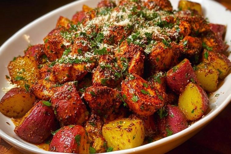 Oven-Roasted Cajun Chicken and Garlic Potatoes with Parmesan