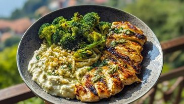 Pesto Chicken Alfredo with Spicy Feta Cream & Parmesan Broccoli Crunch