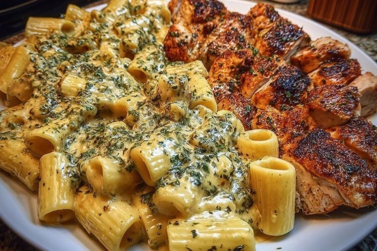 Rigatoni in Cheesy Italian Herb Alfredo with Cajun Chicken