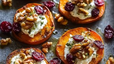 Roasted Sweet Potato Rounds with Herbed Ricotta, Walnuts, and Cranberries Recipe