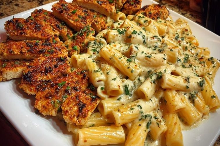 Spicy Cajun Chicken Rigatoni in Creamy Mozzarella Alfredo