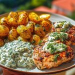 Spicy Yogurt Marinated Chicken with Dill Feta Cream & Crispy Baby Potatoes