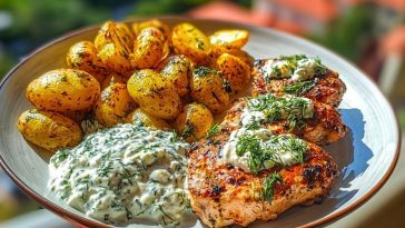 Spicy Yogurt Marinated Chicken with Dill Feta Cream & Crispy Baby Potatoes