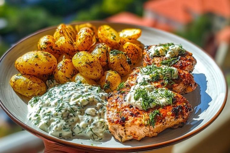 Spicy Yogurt Marinated Chicken with Dill Feta Cream & Crispy Baby Potatoes