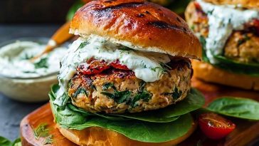 Sun-Dried Tomato and Feta Spinach Burgers with Tzatziki Sauce Recipe