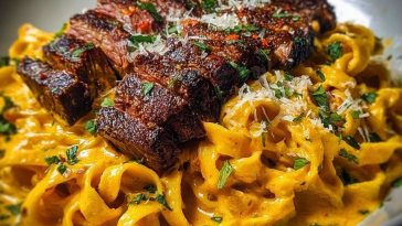 Velveeta Steak Fettuccine with Garlic Butter Cream Sauce