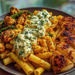 Zesty Greek Chicken Pasta with Spicy Harissa Feta Cream & Roasted Asparagus Crisps