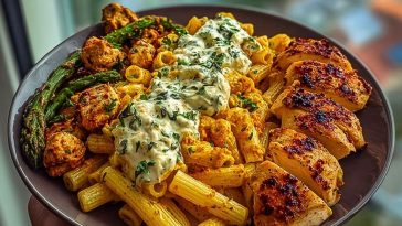 Zesty Greek Chicken Pasta with Spicy Harissa Feta Cream & Roasted Asparagus Crisps