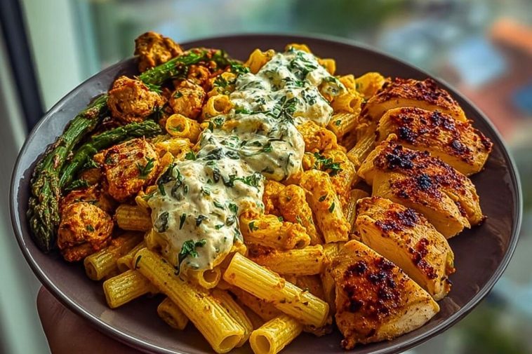 Zesty Greek Chicken Pasta with Spicy Harissa Feta Cream & Roasted Asparagus Crisps