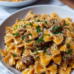 Garlic Butter Beef & Cheesy Bowtie Pasta