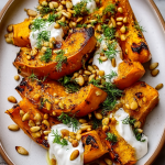 Savory Roasted Pumpkin with Creamy Lemon Yogurt and Crunchy Pine Nuts