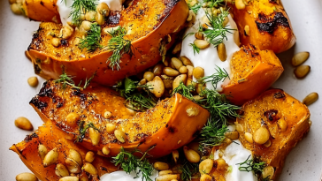 Savory Roasted Pumpkin with Creamy Lemon Yogurt and Crunchy Pine Nuts