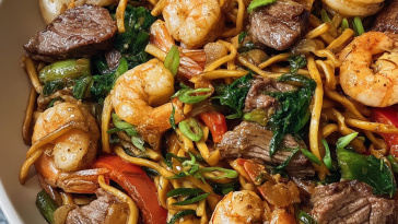 Surf & Turf Noodle Stir-Fry with Steak and Shrimp